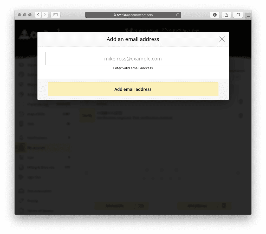 ostr.io account screen for adding an email address that receives monitoring alerts