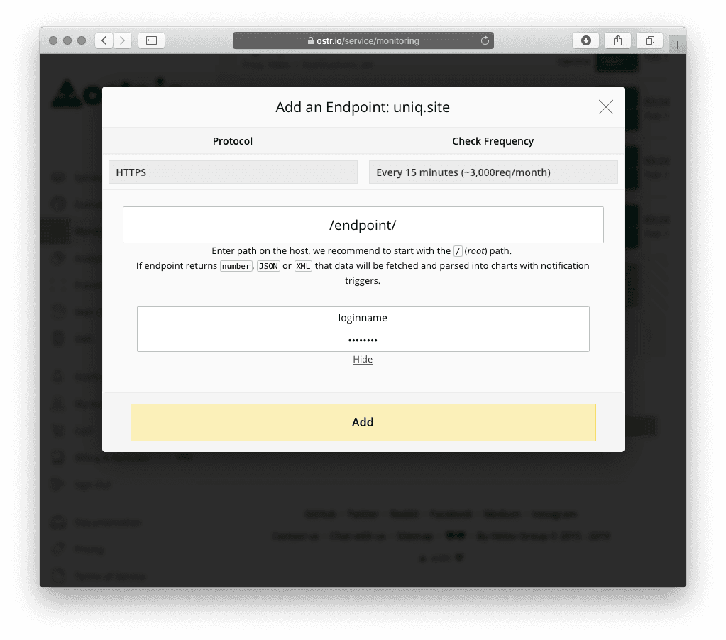 ostr.io Add Endpoint dialog showing protocol, check frequency, path, and authentication for an HTTP(S) monitor